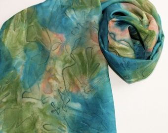 Silk Infinity Scarf - Hand Painted Circle Scarves Cerulean Blue Light Navy Garden Avocado Green Peach Orange
