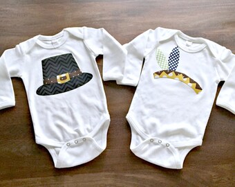 Pilgrim and Indian Thanksgiving Set, You Choose Size/Sleeve Length, 0-3 mo to 12 yrs, holiday fall sibling brother twins boy girl sister
