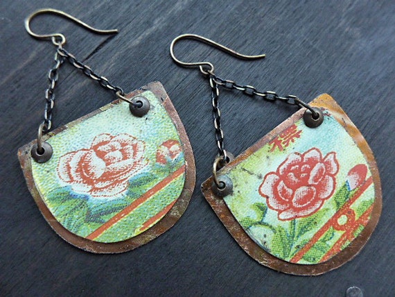 Golden Roses. Rustic statement earrings with vintage tin and gold leaf - primitive artisan jewelry. 