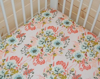 baby girl bedding-floral crib sheet- pink baby bedding- fitted crib sheet / mini crib sheet/ floral changing pad cover- floral crib bedding
