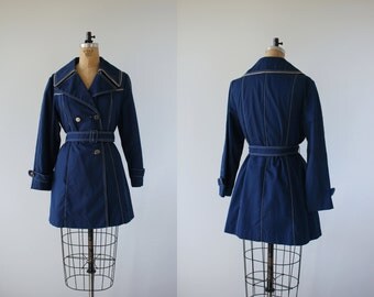 vintage 1970s trench jacket / 70s blue double breasted jacket / 70s young rebels jacket / 70s light weight jacket / belted / medium large