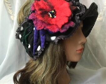 Fleece headband visor black red poppy flower felted flower merino wool , black head band