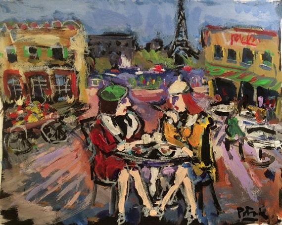 Paris France Painting Sidewalk cafe with Eiffel by RussPotakArtist