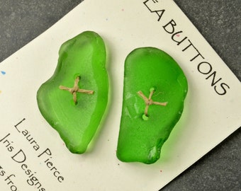 To a T a pair of lively vibrant green genuine Maine sea/ beach glass toggle buttons eco friendly quirky statement for fiber artists
