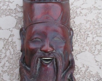 Chinese Wood Carving Man Smiling Laughing Face Mask Wall Hanging Tribal Vintage Hand Carved Wooden Sculpture Bone Teeth