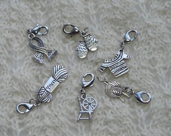 Knitting progress keepers jewelry charms stitch markers - 6 removable markers - silver with lobster claw clasp - yarn sweater scarf spinning