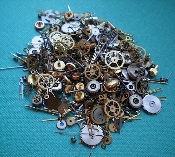 Vintage steampunk watch parts, 1/2 oz (14 grams) - Lots of tiny gears, wheels, hands and stems by TimeAndMaterials steampunk buy now online