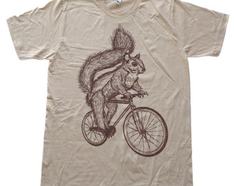Squirrel on a Bicycle - Mens T Shirt, Unisex Tee, Cotton Tee, Handmade graphic tee, Bicycle shirt, Bike Tee, sizes xs-xxl