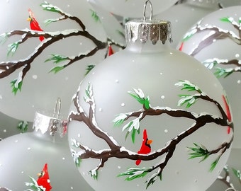 Christmas Ornament, Cardinals on Branches, Snowing, hand painted on frosted glass