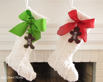 Personalized White Chenille Christmas Stocking Vintage Ruffle Top Bow