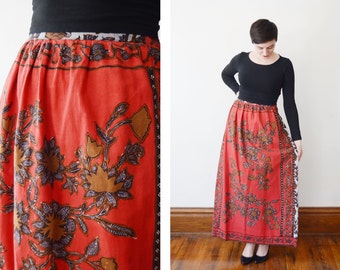 1960s Batik Maxi Skirt / Floral Maxi Skirt - M