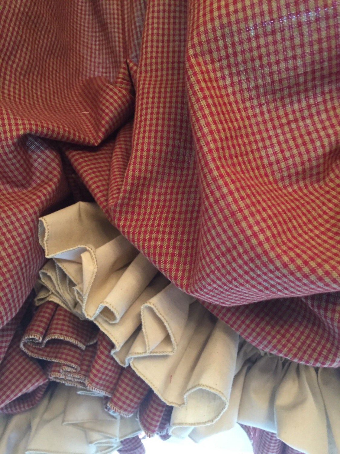 Homespun and tea dyed muslin Double Ruffle Balloon Curtain