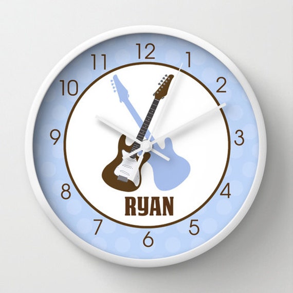 Rock Star Guitars Brown and Blue Nursery Rocker 10-inch Wall Clock / Choose frame color / Customize with Name Il_570xn