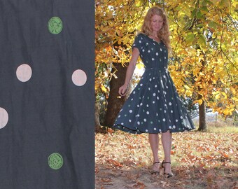 M / L Vintage 50s Day Dress Mad Men Style Womens Medium Large Retro Handmade Penny Polka Dot Print Unique Neckline Excellent Condition