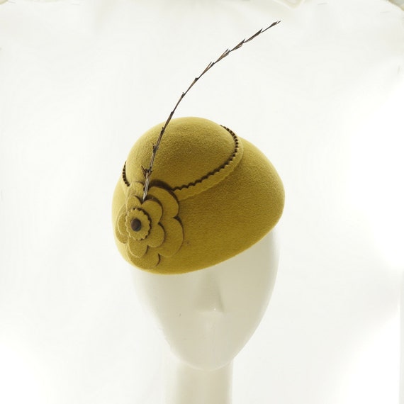 Yellow Cocktail Hat Pillbox Hat Mustard Yellow Felt Hat