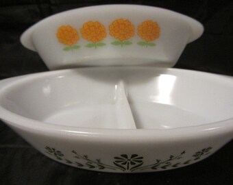 2 Glassbake Milk Glass Divided Casserole, Veggie Divided Serving Dish Vintage, Divided Baking Dish Made by Glassbake, Vintage Glassbake