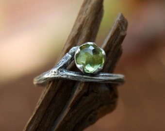 Peridot gemstone twig ring-rose cut-natural branch-sterling silver handmade-August Birthstone-made to order.