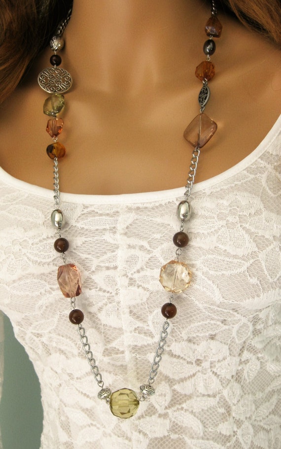 Long Brown and Silver Necklace Long Brown Beaded Necklace