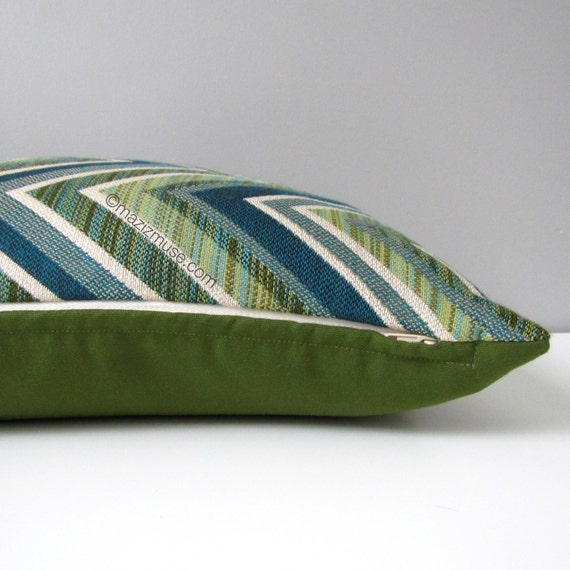 Jade Green Outdoor Pillow Cover Olive Green & Blue Chevron