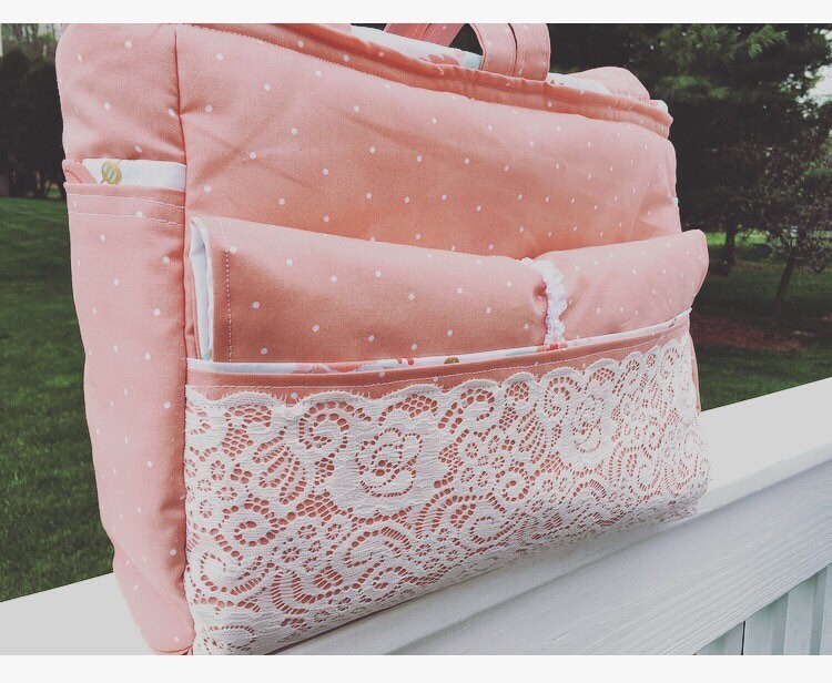 Diaper bag set includes custom diaperbag car seat canopy