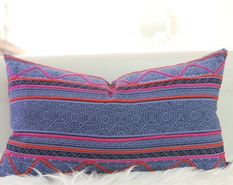 12x22" Hmong Embroidered Lumbar Pillow Cover Hmong Pillow, Indigo Pillow Cover, Pink and Navy pillow, Batik Hmong Pillow, Hmong textile