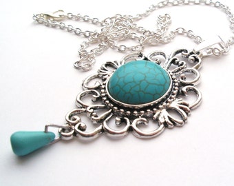 Turquoise Necklace in Antique Silver with Tear Drop, Ethnic Necklace, Gemstone Necklace, Victorian Necklace, Blue Necklace, Turquoise Stone