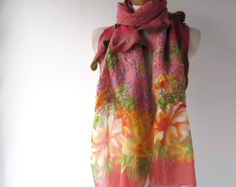 Nuno felted scarf, Pink flower scarf, warm winter scarf, floral scarf , women felt shawl by Galafilc