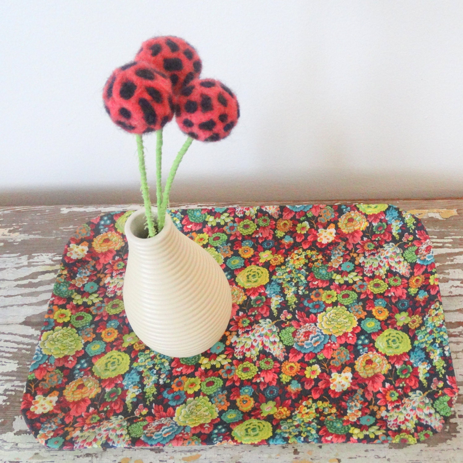 Leopard Print Pom pom Flowers Coral and Black felt by berryisland