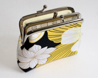 2-Compartment Coin Purse. Double Frame Purse. Two Compartment Coin Purse in Black with Yellow and White Flowers
