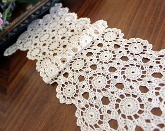 Crocheted Table Runner or Scarf in Medium Ecru, Vintage Crochet Linens 13428