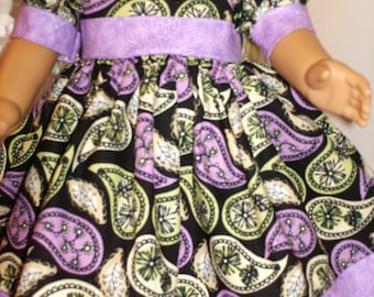 18" American Made Girl Doll Clothes Black N Purple Paisley Print Classic Doll Dress 18 inch Dolls