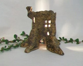 Tree Stump Fairy House / Night Light - Handmade on the Potters Wheel - Each is a One of a Kind - Actual Stump - Ready to Ship