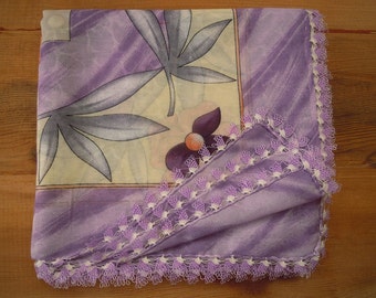 Lilac scarf with needle lace trim, turkish oya