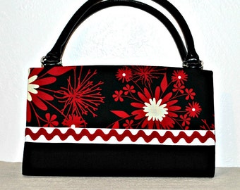 Two Tone Black, Red and Off White Floral Magnetic Bag Shell Cover