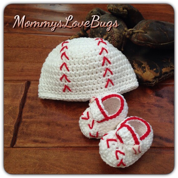 Baseball Crochet Beanie and Booties Set Newborn through 24