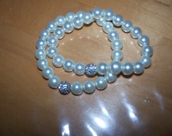Two Silver Glass Faux Pearl Pave Rhinestone Bracelets