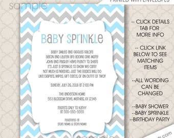 Blue Baby Sprinkle invitations, boy baby shower invites, FREE SHIPPING digital or printed, blue gray chevron, blue grey sprinkle invites