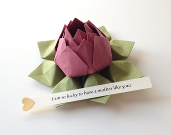 Mother's Day - PERSONALIZED Origami Lotus Flower - Rhubarb and Moss Green + gift box - get well, birthday, baby - can send directly