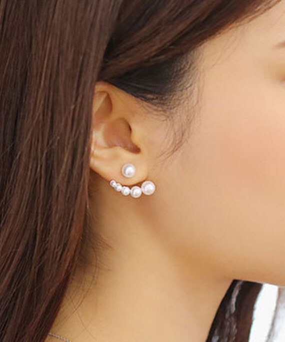 Silver Ear Jacket Ear Jacket Earrings Ear Cuff Pearl by redsister