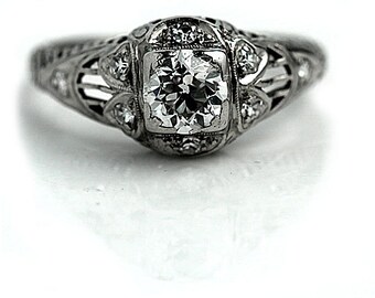 Art Deco Engagement Ring 1930's .67ctw Engagement Ring Antique Diamond Ring Old European Cut Diamond Engagement Ring in Platinum