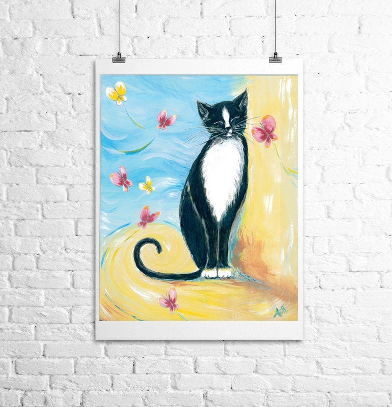 Cat Art cat with butterflies fine art by IntoTheBluePaintShop