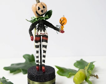 Handmade OOAK art doll Pumpkin spun cotton figurine with striped trousers. Autumn decor/ Halloween decoration