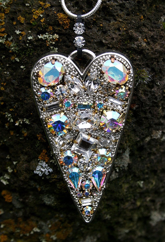 Jeweled Heart Pendant Necklace Encrusted Heart Rhinestones in