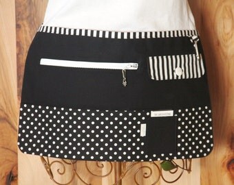 Vendor Apron, Utility Apron, Teacher Apron - Black with White Dots and Stripes - Ready to Ship