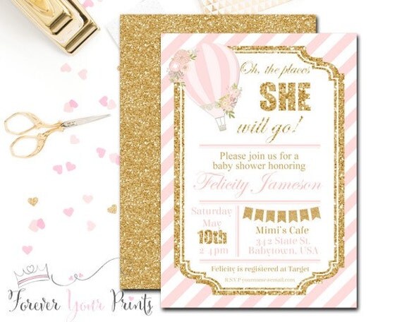 Baby Shower Invitation Girl, Pink and Gold Hot Air Balloon Invitation, Balloon Baby Shower, Girls Baby Shower Invite, Pink and Gold Glitter Il_570xn