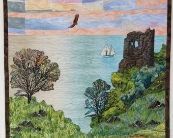Landscape Quilt, Castle Ruins, Eagles, Sailboat, Ocean