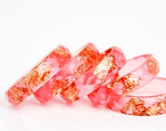 hot summer pink resin ring size 7.5 | thin multifaceted eco resin ring with metallic gold and copper leaf flakes