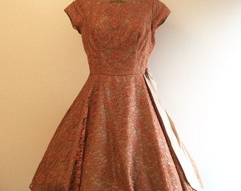 1950s Party Dress 50s Pink Russet Lace Dress