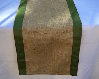 Burlap Table Runner with Moss Green Ribbon, Wedding, Shower, Party, Home Decor, Custom Size and Colors Available