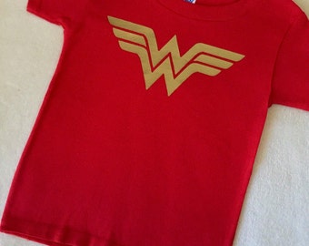 Wonder Woman T Shirt Baby Toddler Girls Red and Gold 6 9 12 18 24 months 2T 3T 4T 5 6 7 costume dress up Super Hero